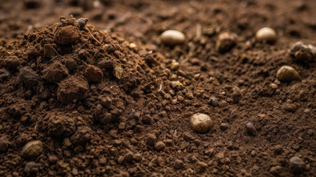 Close up of ground coffee with seeds and grains. Selective focus.の素材