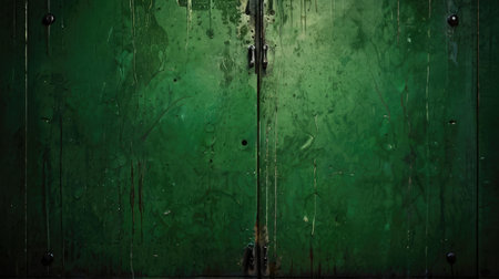Green grunge metal door background. Old wooden door with green paint.の素材