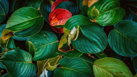 Green leaves background with red and green leaves. Green leaf background.の素材
