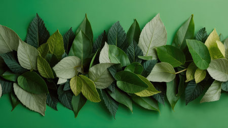 Green leaves on green background. Flat lay, top view, copy spaceの素材