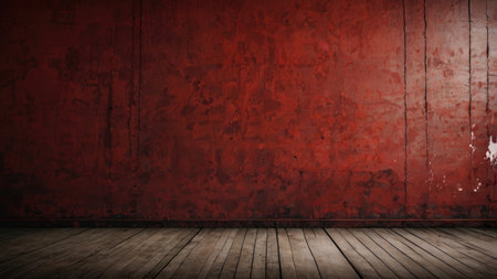Old grunge background with wooden floor and red wall. 3d renderの素材