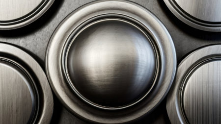 Metal plates and round speakers on a gray background. 3d renderingの素材