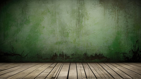 Old grunge background with wooden floor and green wall. Empty room.の素材