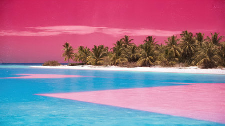 Tropical beach with palm trees and pink sand at Maldivesの素材