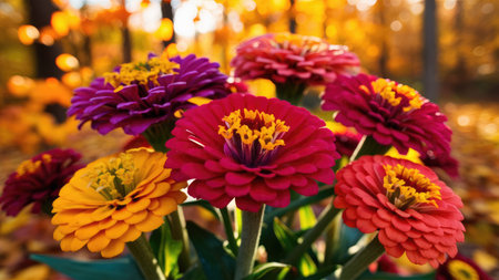 Colorful zinnia flowers in the autumn park. Selective focus.の素材