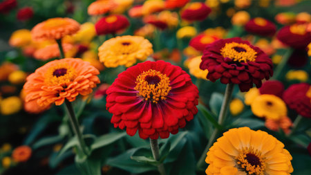 Colorful zinnia flowers blooming in the garden, selective focusの素材