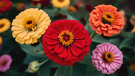 Colorful zinnia flowers in the garden - vintage filter effectの素材