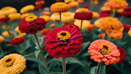 Colorful zinnia flowers blooming in the garden, stock photoの素材
