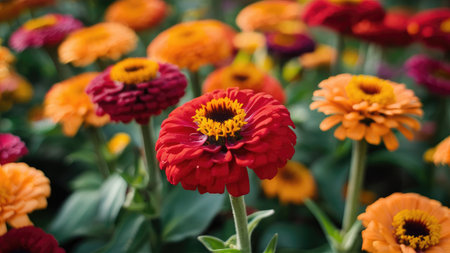 Colorful zinnia flowers in the garden. (Selective focus)の素材