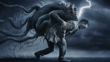 Zombie couple fighting in the dark forest. 3D rendering.の素材