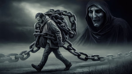 Man in death costume with chains against dark background. Halloween concept.の素材