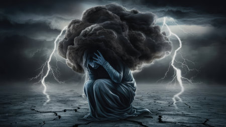 Conceptual image of a stormy woman with a huge cloud above her headの素材