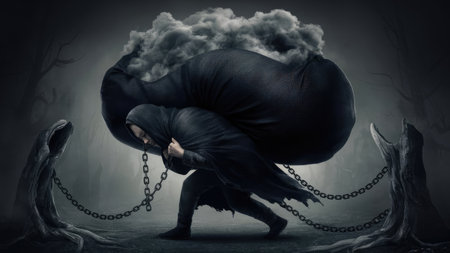 Man in a dark forest with a bag of smoke and a chainの素材