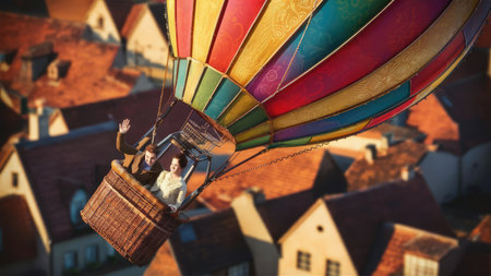 Wedding couple on a hot air balloon in the old cityの素材