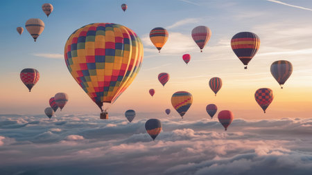 Hot air balloons flying over the clouds at sunset. 3d renderingの素材