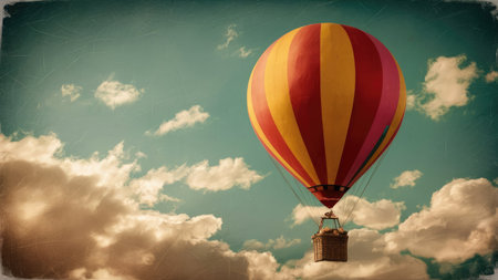 Colorful hot air balloon in the blue sky. Photo in old color image styleの素材