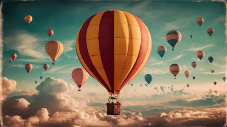 Hot air balloon flying high in blue sky. 3D Renderingの素材