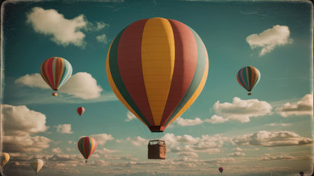 Hot air balloons flying in the blue sky with white clouds, retro styleの素材