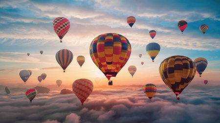 Hot air balloons flying over the clouds at sunset. 3D renderingの素材