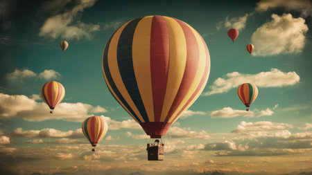 Hot air balloons flying in the blue sky. 3D Renderingの素材