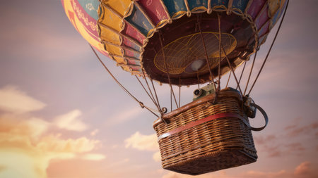Hot air balloon with basket in the sky at sunset, vintage styleの素材