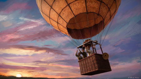 Man in a hot air balloon at sunset. 3d illustration.の素材
