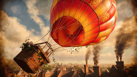 Hot air balloon with smoke in the sky, 3d illustration.の素材