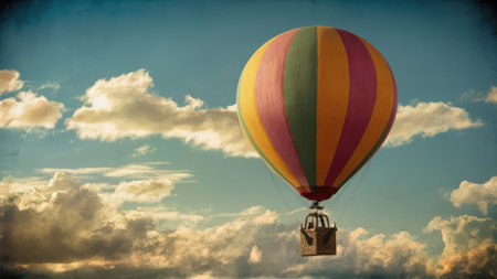 Colorful hot air balloon flying in the cloudy sky. Vintage style.の素材
