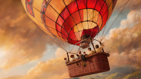 Hot air balloon in the sky at sunset. 3d illustration.の素材