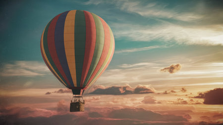 Hot air balloon in the sky at sunset. 3d illustration.の素材