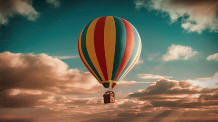 Colorful hot air balloon in the blue sky with clouds. Vintage style.の素材