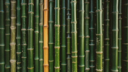 Green bamboo wall background, close up of bamboo fence, stock photoの素材