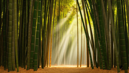 Bamboo forest with sunlight beam in the morning. Nature background.の素材