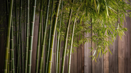 Bamboo forest against wooden background with copy space for text or imageの素材