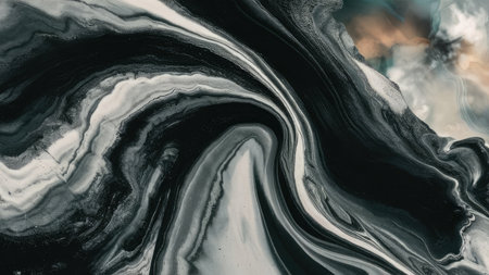 Black and white abstract acrylic background. Marbling texture. Agate ripple pattern. Gold powder.の素材