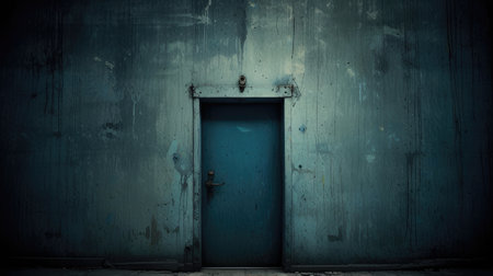 Door to the dark blue wall with rusty iron door, 3d renderの素材