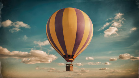 Colorful hot air balloon flying in the sky. Vintage style.の素材