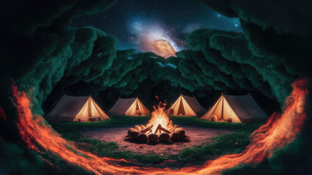 Night camping with bonfire and tents, 3d rendering. Computer digital drawing.の素材