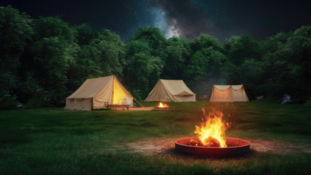 Camping in the woods at night with bonfire and tents.の素材