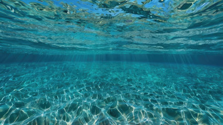 Underwater view of the sea surface with waves and sunbeamsの素材