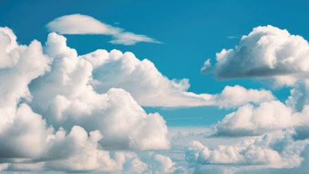 Blue sky background with white clouds. Panoramic image of sky.の素材