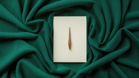 Blank business card and feather on green satin background, top viewの素材