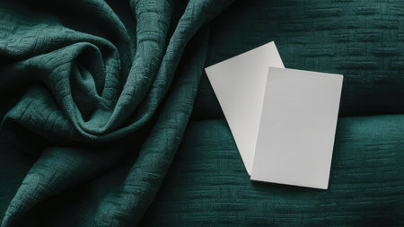 Blank business cards on green fabric background. Template for branding identity.の素材