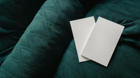 Blank business card on green fabric. Mockup for branding identity.の素材