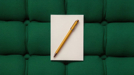 Blank paper with pen lying on green leather sofa, top viewの素材