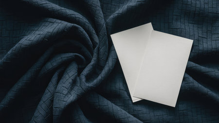 Blank white business card on blue fabric background. Mock up.の素材