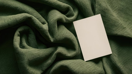 Blank business card on green fabric background. Mockup for branding identity.の素材