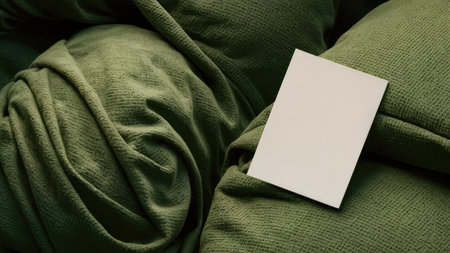 Blank business card on green fabric background. Selective focus. Toned.の素材