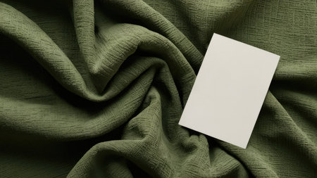 Blank business card on green satin background. Top view.の素材