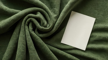 Blank business card on green fabric background. Mockup for branding identity.の素材